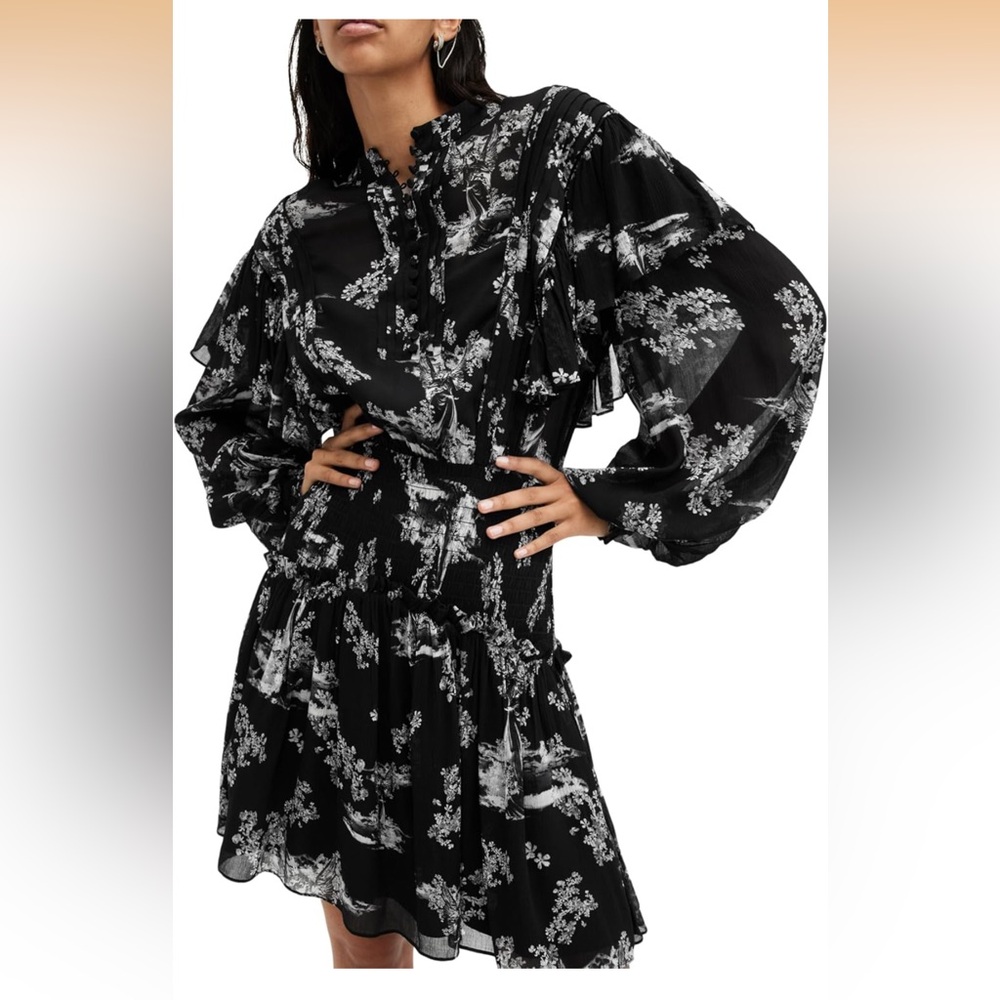 NWT Allsaints Women's Aubrey Dress Black Long-Sleeve Ruffle Mini Dress size 6